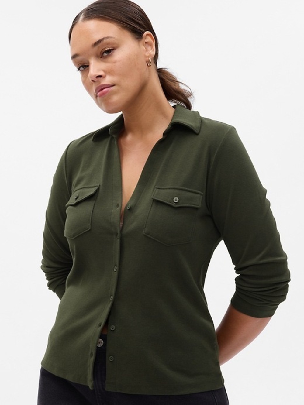 GAP Dark Olive Green Long-Sleeve Button Down Utility Shirt